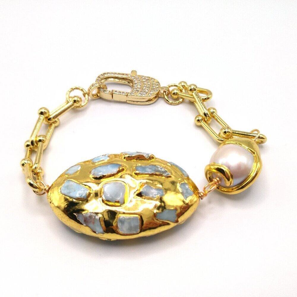 Gold Plated Larimar Gemstone Pearl Bracelet, 8 1/2 Inches, Rhinestone Clasp